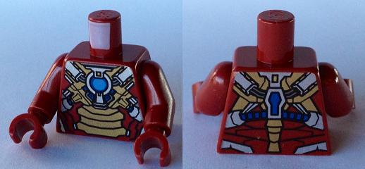 Lego Torso Armor with Blue and Medium Blue Circle Arc Reactor, Gold Panels, Silver Trim Pattern (Iron Man Mark 17) / Dark Red Arms / Dark Red Hands