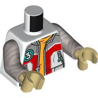 Lego Torso Jacket, Zipper, Light Bluish Grey and Red Shapes, Dark Turquoise Circle with White '3', Bright Light Orange Shirt print, Flat Silver Arms, Tan Hands / White