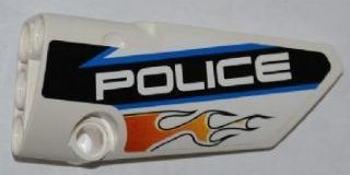 Lego Technic, Panel Fairing # 4 Small Smooth Long, Side B with Orange Flames and White 'POLICE' on Black Background Pattern (Sticker) - Set 8221
