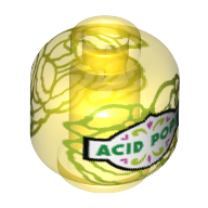 Lego Minifig Head (No Face), Bottle / Jar, Green 'ACID POPS' Print / Trans-Yellow