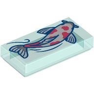 Lego Tile 1 x 2 with White Fish (Koi) print / Trans-Light Blue