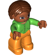 Lego Duplo Figure Bob / Pageboy Hair Reddish Brown, with Medium Nougat Face - Bright Green Top with Buttons and Pockets - Orange Legs / Bright Green