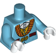 Lego Torso Jacket, Pockets, Buttons, Dark Red and Yellow Checkered Lapels, Yellow Vest, White Shirt / Yellow Patch on Back Print, Medium Azure Arms, White Hands / Medium Azure