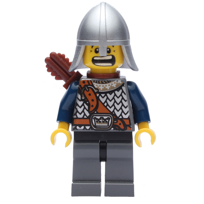 Lego Knight, Archer with Metallic Silver Helmet, Dark Bluish Grey Legs, and Quiver