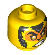 Lego Minifig Head Monkie Kid, Raised Eyebrow with Crooked Scowl / Orange Face with Gold Eyes and Fur print / Yellow