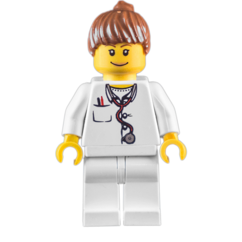 Lego Doctor, Woman, White Torso with Stethoscope and Pocket, White Legs, Reddish Brown Ponytail
