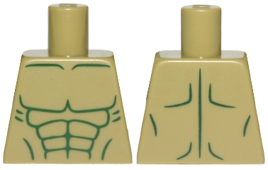 Lego Torso Bare Chest with Dark Green Muscles Outline, Tapered Abdominals Pattern