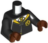 Lego Torso Hogwarts Robe Clasped with Hufflepuff Crest, Sweater, Shirt and Tie Pattern / Black Arms / Reddish Brown Hands