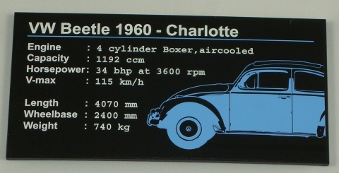 Lego Tile 8 x 16 with Bottom Tubes on Edges with 'VW Beetle 1960 - Charlotte' and Car Specs Pattern (Sticker) - Set 10187