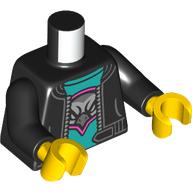 Lego Torso, Leather Jacket, Dark Turquoise Shirt, Silver Bird, Magenta Border print, Black Arms, Yellow Hands / Black