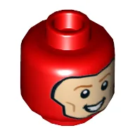 Minifig Head The Flash, Dual Sided, Balaclava, Light Nougat Face, Dark Orange Eyebrows, Grin / Smile with Teeth Print [Hollow Stud] / Red