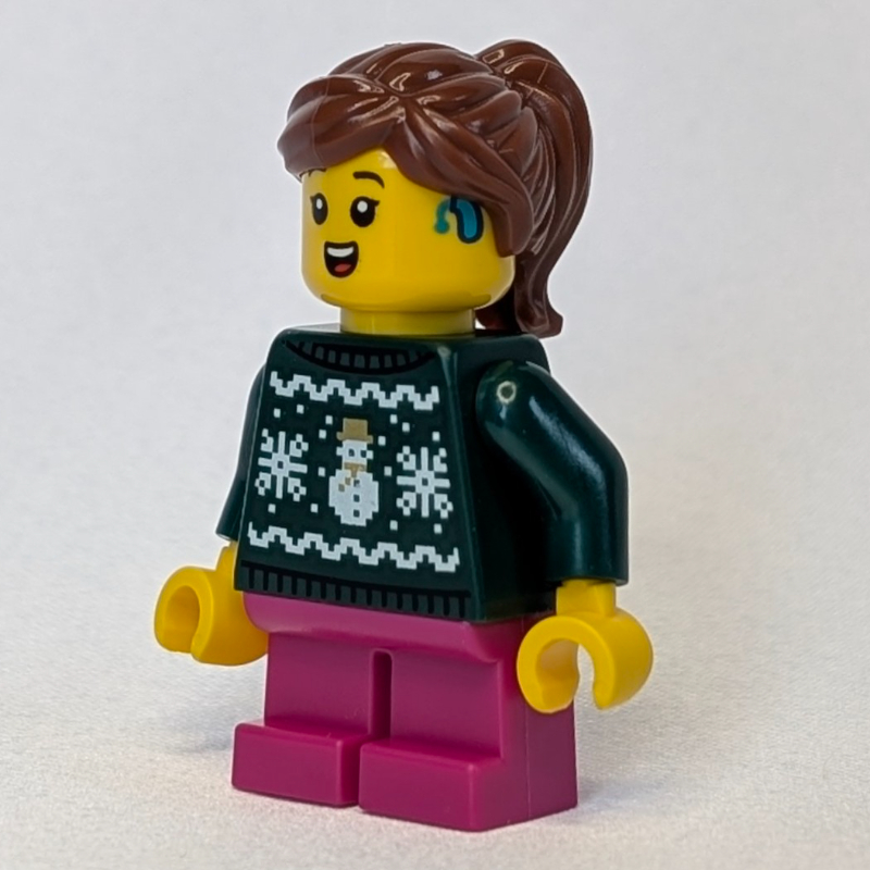 Lego Kid, Dark Green Torso, Dark Pink Legs, Reddish Brown Hair