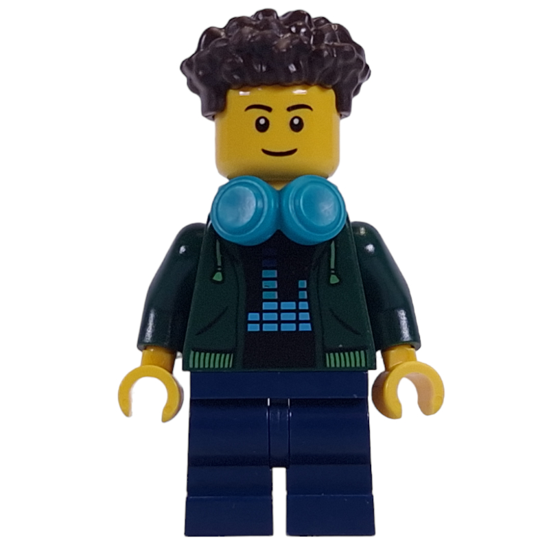 Lego Dark Green Torso, Dark Blue Medium Legs, Dark Brown Hair, Dark Turquoise Headphones