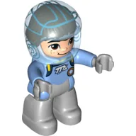 Duplo Figure with Helmet (Space), Light Bluish Gray Legs and Hands, Medium Blue Spacesuit with Badge, Light Nougat Face with Freckles / Medium Blue