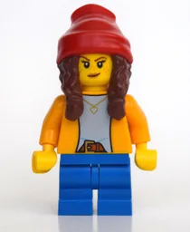 Girl, Bright Light Orange Shirt, Blue Medium Legs, Red Beanie with Braids