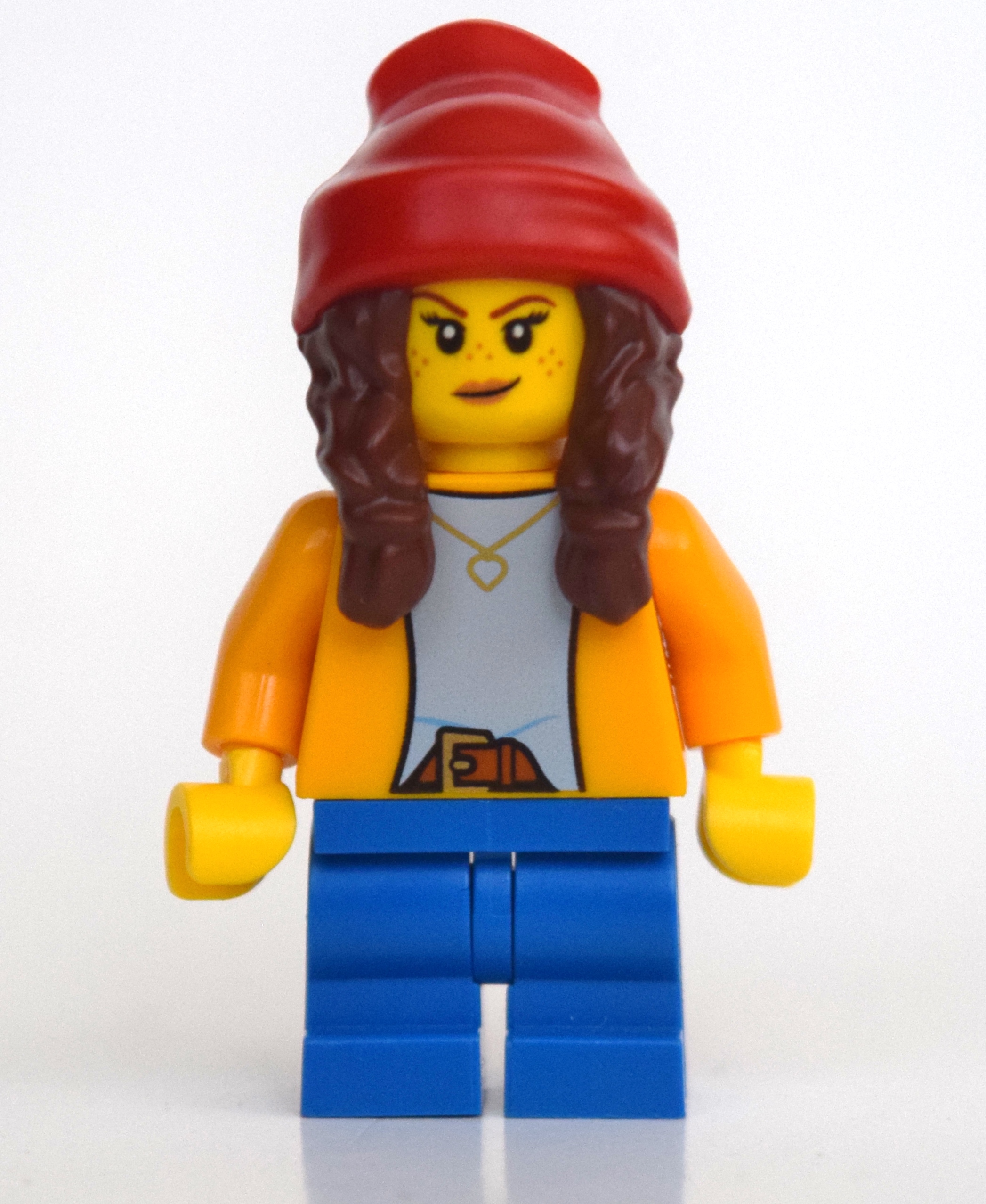 Lego Girl, Bright Light Orange Shirt, Blue Medium Legs, Red Beanie with Braids