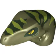 Animal Body Part, Dinosaur, Raptor Head with Tan Teeth and Dark Green and Lime Stripes Print / Olive Green