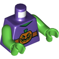 Lego Torso Vest with Dark Orange Belt and Orange Pumpkin Jack-o-Lantern Buckle print, Bright Green Arms, Bright Green Hands / Dark Purple