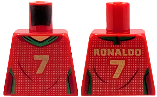 Lego Torso Soccer / Football Jersey Portugal, White Mesh, Green Trim, Gold Number 7 and 'RONALDO' Pattern