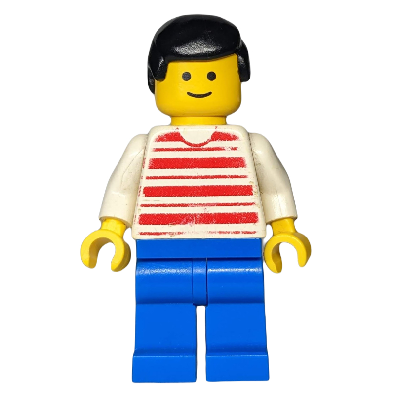 Lego Man, Red and White Striped Shirt, Blue Legs, Black Hair