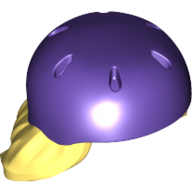 Lego Hair and Helmet, Mid-Length with Dark Purple Bike Helmet pattern / Bright Light Yellow