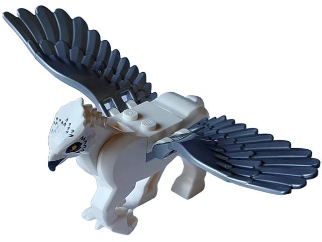 Lego Hippogriff with Flat Silver Wings with Dark Bluish Gray Beak and Eye Patches, Silver Feathers and Bright Light Orange Eyes Pattern (HP Buckbeak) - Light Bluish Gray Plate 2 x 2