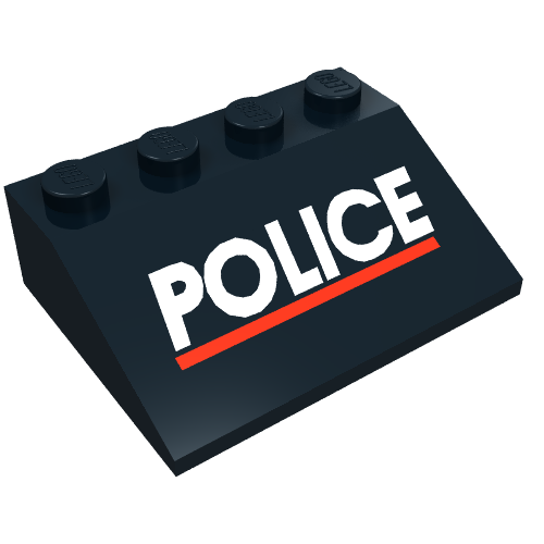 Lego Brick Sloped 33° 3 x 4 with White "POLICE" and Red Line Print / Black