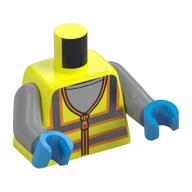 Lego Torso Safety Vest with Reflective Crossed Stripes and Zipper, over Light Bluish Gray Shirt Print, Light Bluish Gray Arms, Dark Azure Hands / Vibrant Yellow