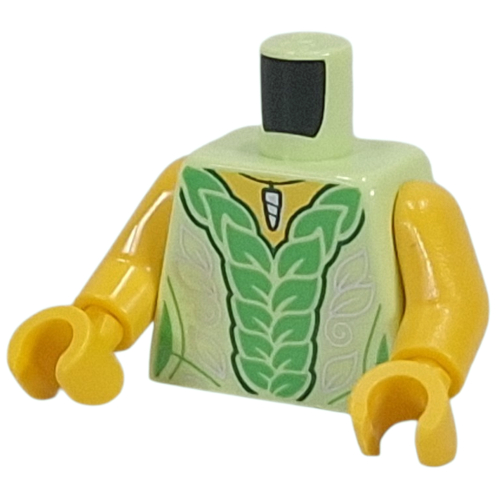Lego Torso, Dress, Green Leaves as Ruffles, Silver Decorations, Pendant print, Yellow Arms and Hands / Yellowish Green