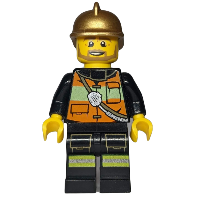 Lego Fireman, Orange Safety Vest with Radio, Gold Helmet, Beard