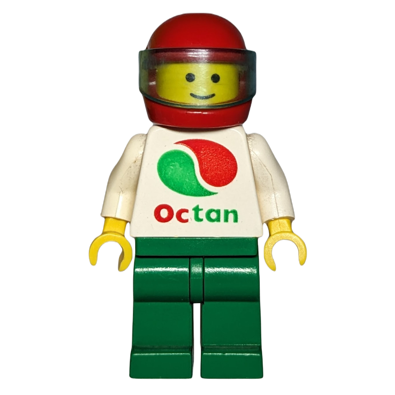 Lego Pilot, White Shirt with Large Octan Logo, Green Legs, Red Helmet with Visor