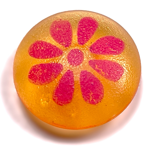 Lego Clikits Icon, Round 2 x 2 Large with Pin, Dark Pink Flower Print / Trans-Flame Yellowish Orange