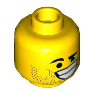 Minifig Head Rex Dangervest, Wink, Big Open Mouth Grin/Smile, Teeth, Stoppled Beard / Yellow