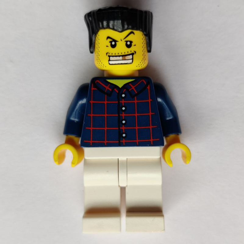 Lego Man, Dark Blue Plaid Shirt, White Legs, Black Hair, Gold Tooth
