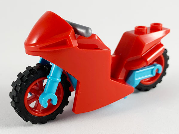 Lego Motorcycle Sport Bike with Medium Azure Frame, Red Wheels and Flat Silver Handlebars