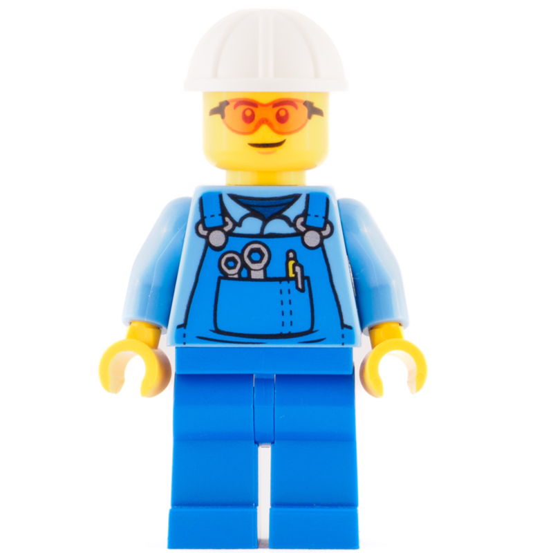 Lego Worker - Medium Blue Torso, Blue Overall, Orange Glasses, White Helmet