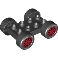 Duplo Car Base, 2 x 4 with Black Tires and Red Spokes, 'Rotelli Tires' and 'Pasta Potenza' Wheels Print / Black