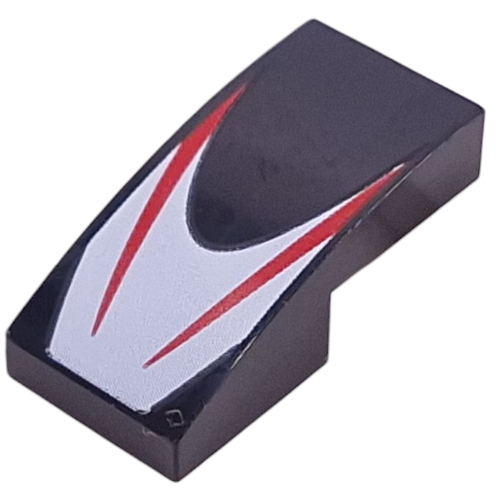 Lego Brick Curved 2 x 1 No Studs with Red Stripes on White Background print / Black