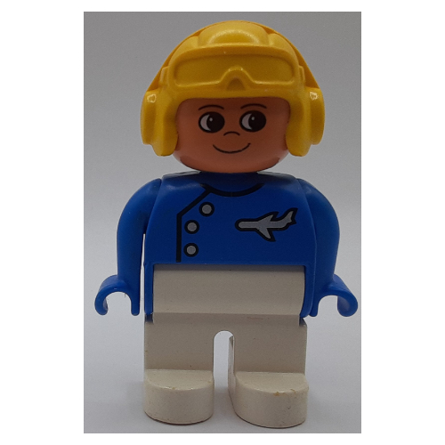 Lego Duplo Figure, Early, Aviator Hat Yellow, White Legs, Buttons, Airplane, Turned Up Nose Print / Blue