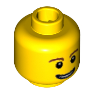 Lego Minifig Head, Brown Eyebrows, Thin Grin with Teeth, Black Eyes with White Pupils Print / Yellow