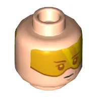 Minifig Head Cloud Car Pilot, Dual Sided, Orange Visor, Brown Eyebrows, Chin Dimple, Neutral / Scared Print [Hollow Stud] / Light Nougat