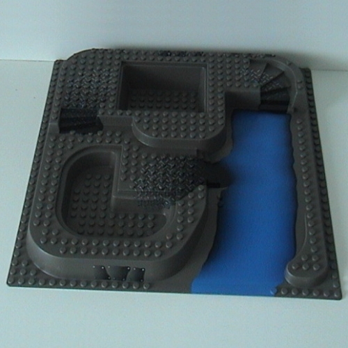 Lego Baseplate Raised 32 x 32 with Ramp, Stairs, and Two Pits with Ogel Center Print / Dark Gray