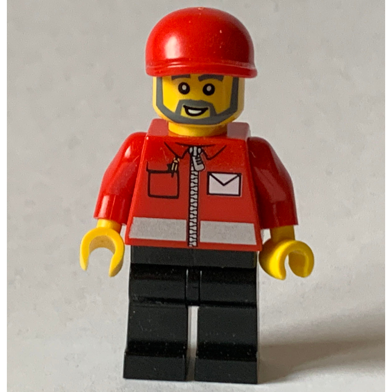 Lego Postal Worker, Red Jacket with Zipper and Letter Logo, Black Legs, Red Cap, Beard