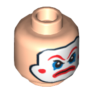 Lego Minifig Head Henchman, White Face Paint, Large Red Eyebrows, Blue Eye Shadow and Frown Print / Light Nougat