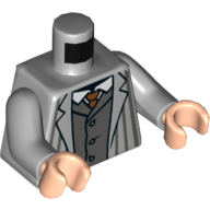 Lego Torso Jacket, Dark Bluish Gray Pinstripes, Open over Dark Bluish Gray Vest, White Shirt, Dark Orange Tie print, Light Bluish Gray Arms, Light Nougat Hands / Light Bluish Gray