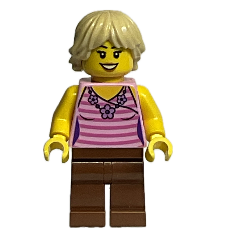 Lego Bright Pink Torso, Dark Red Legs, Tan Hair