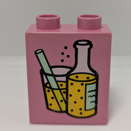 Lego Duplo Brick 1 x 2 x 2 with Bottle and Glass with Straw, Full of Fizzy Yellow Liquid Print / Duplo Pink