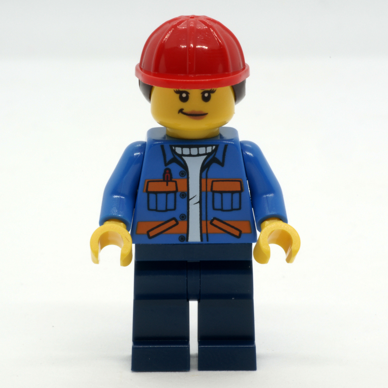 Lego Construction Worker, Blue Safety Jacket, Dark Blue Legs, Red Hard Hat with Hair