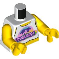 Lego Torso, White Shirt, Pink 'PARADISA' print, Yellow Arms and Hands / White