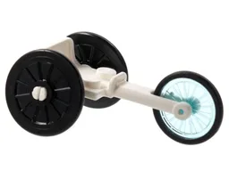 Minifigure, Utensil Wheelchair Racer with Black Wheelchair Wheels and Trans-Light Blue Bicycle Wheel with Molded Black Hard Rubber Tire (80501 / 24314pb01 / 92851pb01)